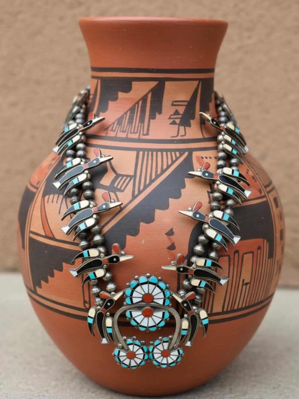 Amazing Vintage 1950's Zuni Water Bird Squash Blossom Necklace by Fred Bowannie